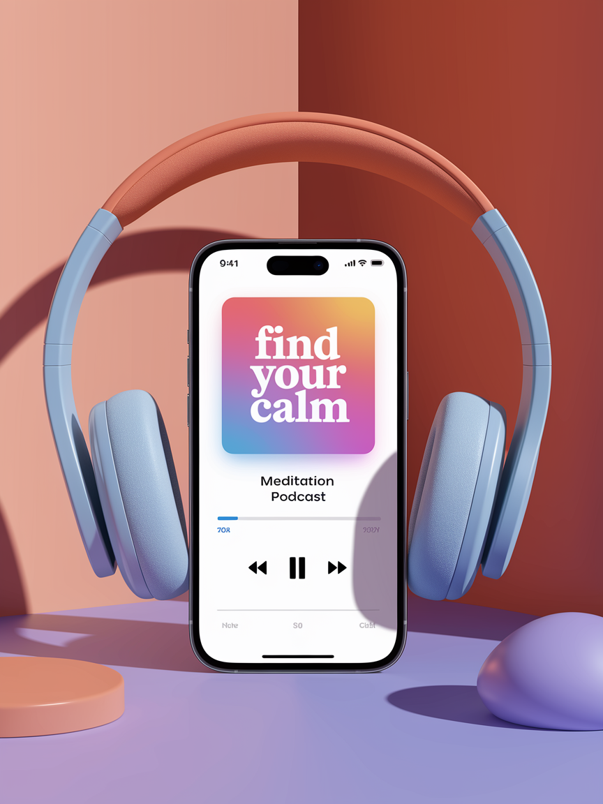 Smartphone displaying a meditation podcast app with headphones