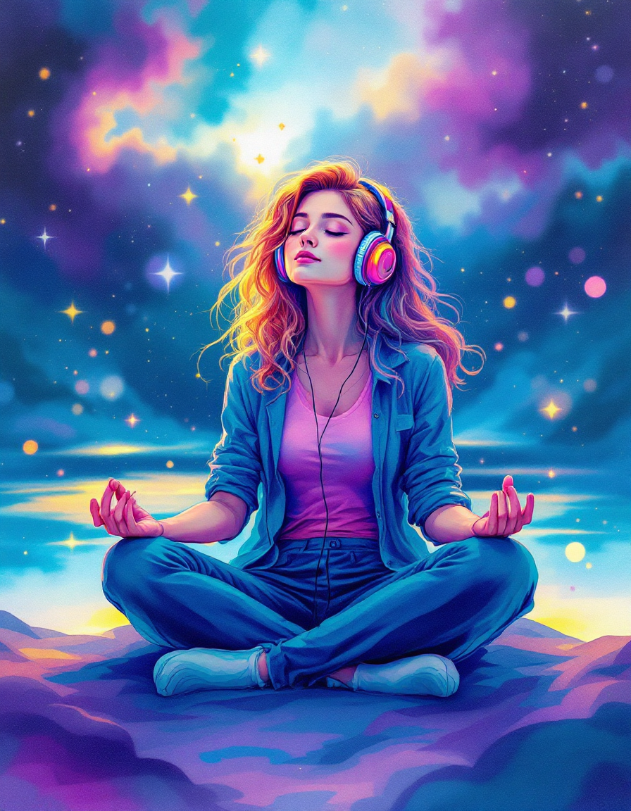 Person meditating peacefully with headphones